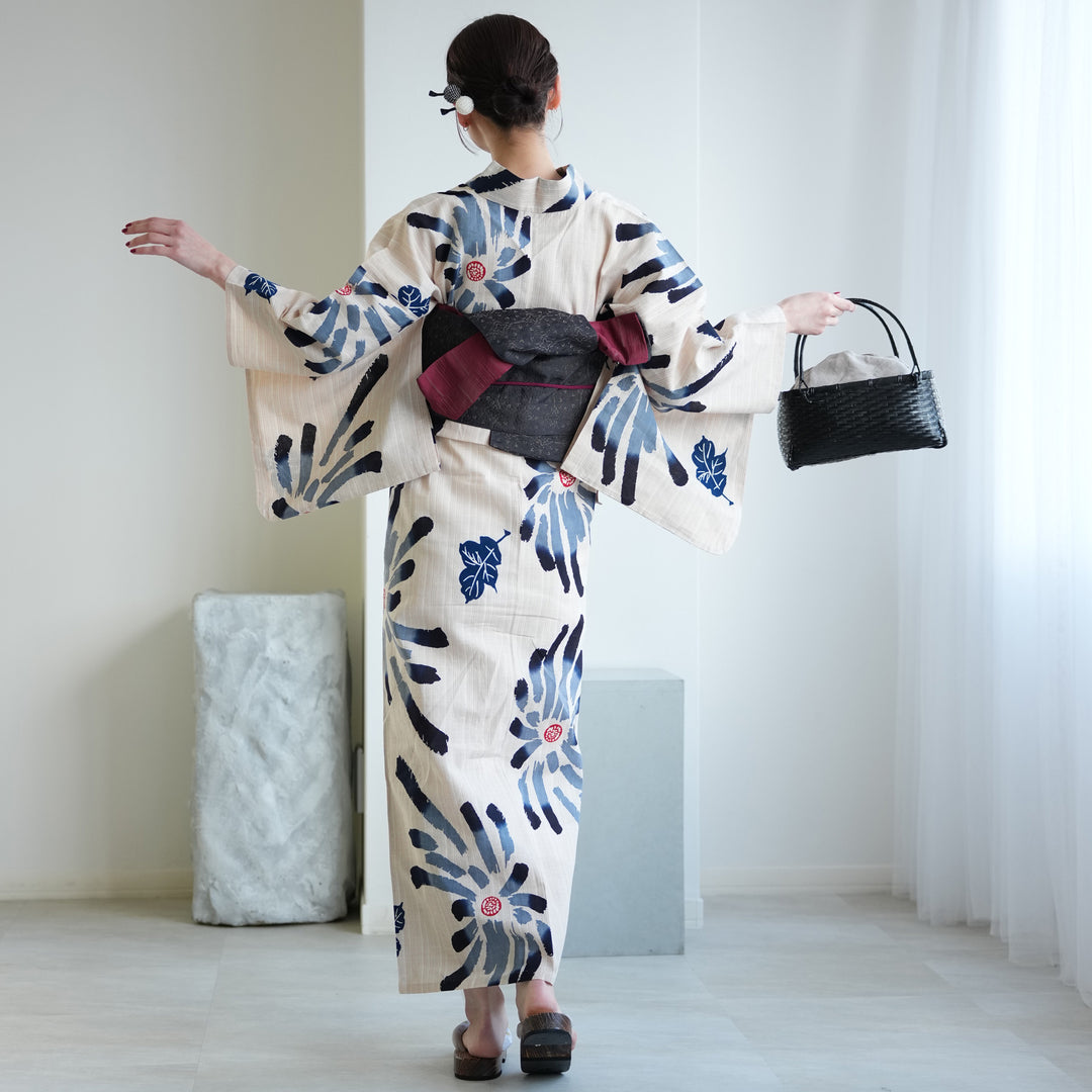 utatane×注染工房 浴衣3点セット（浴衣・帯・下駄） 先染めベージュ 黒