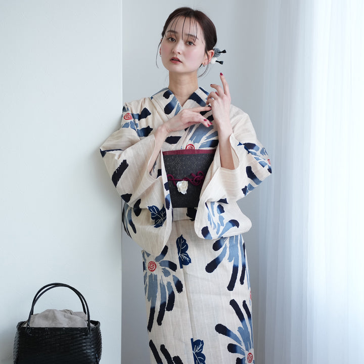 utatane×注染工房 浴衣3点セット（浴衣・帯・下駄） 先染めベージュ 黒