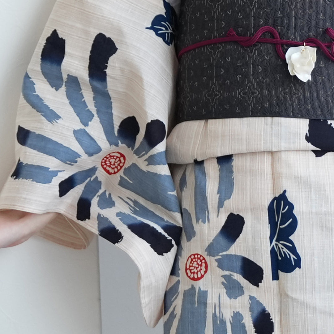 utatane×注染工房 浴衣3点セット（浴衣・帯・下駄） 先染めベージュ 黒