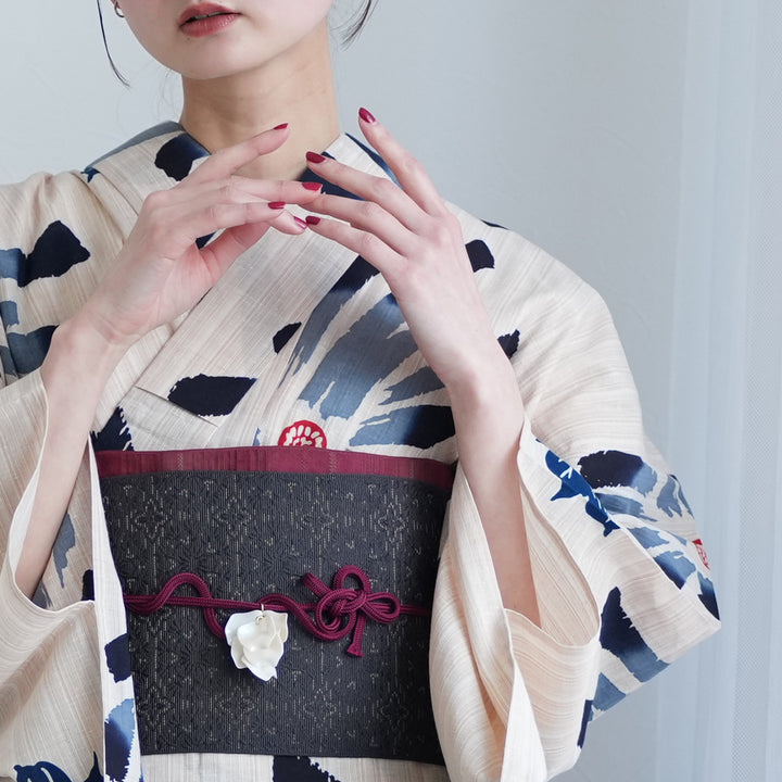 utatane×注染工房 浴衣3点セット（浴衣・帯・下駄） 先染めベージュ 黒