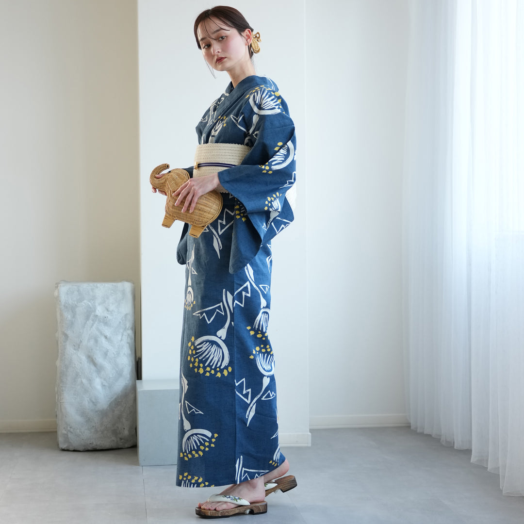 注染浴衣3点セット 藍色にリボン 浴衣（菊柄）| utatane［公式］