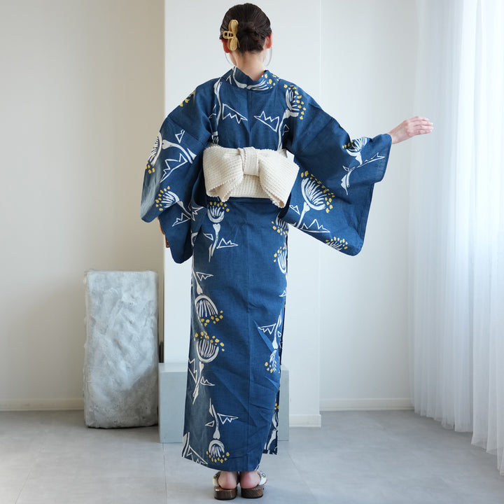 utatane×注染工房 浴衣3点セット（浴衣・帯・下駄） 赤坂紬 青藍に黄色