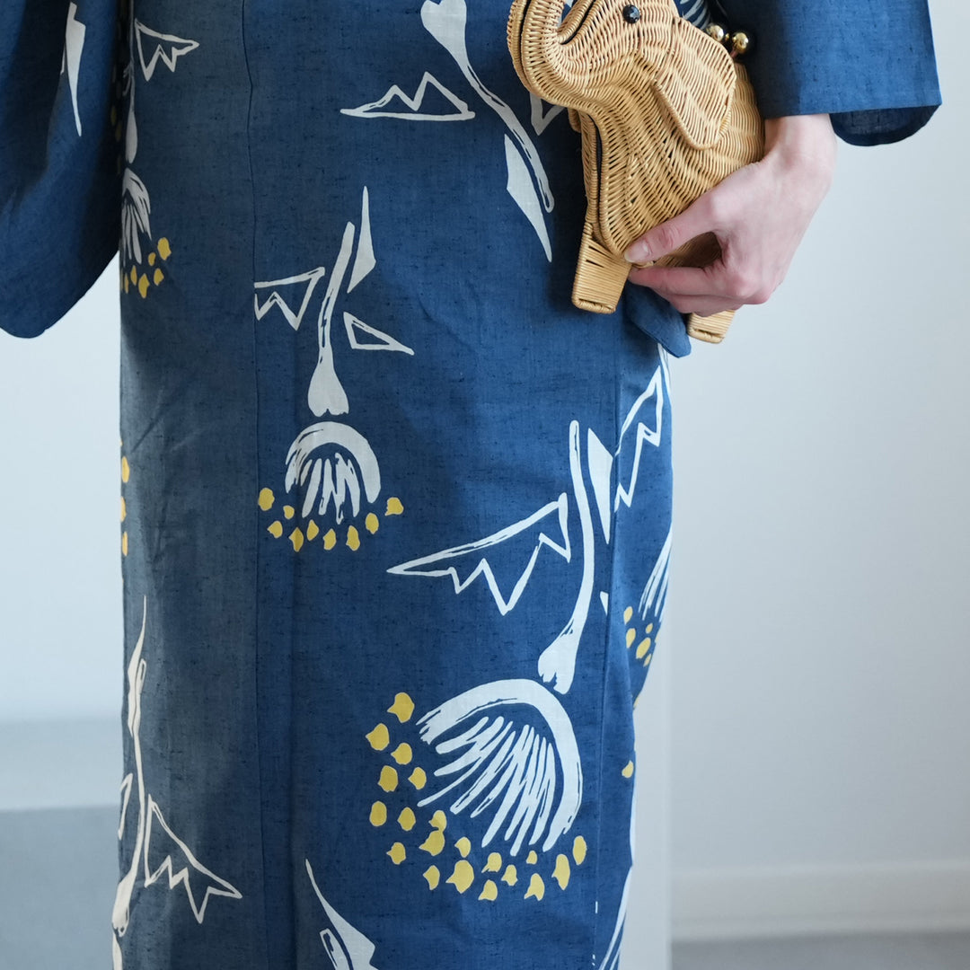 utatane×注染工房 浴衣3点セット（浴衣・帯・下駄） 赤坂紬 青藍に黄色