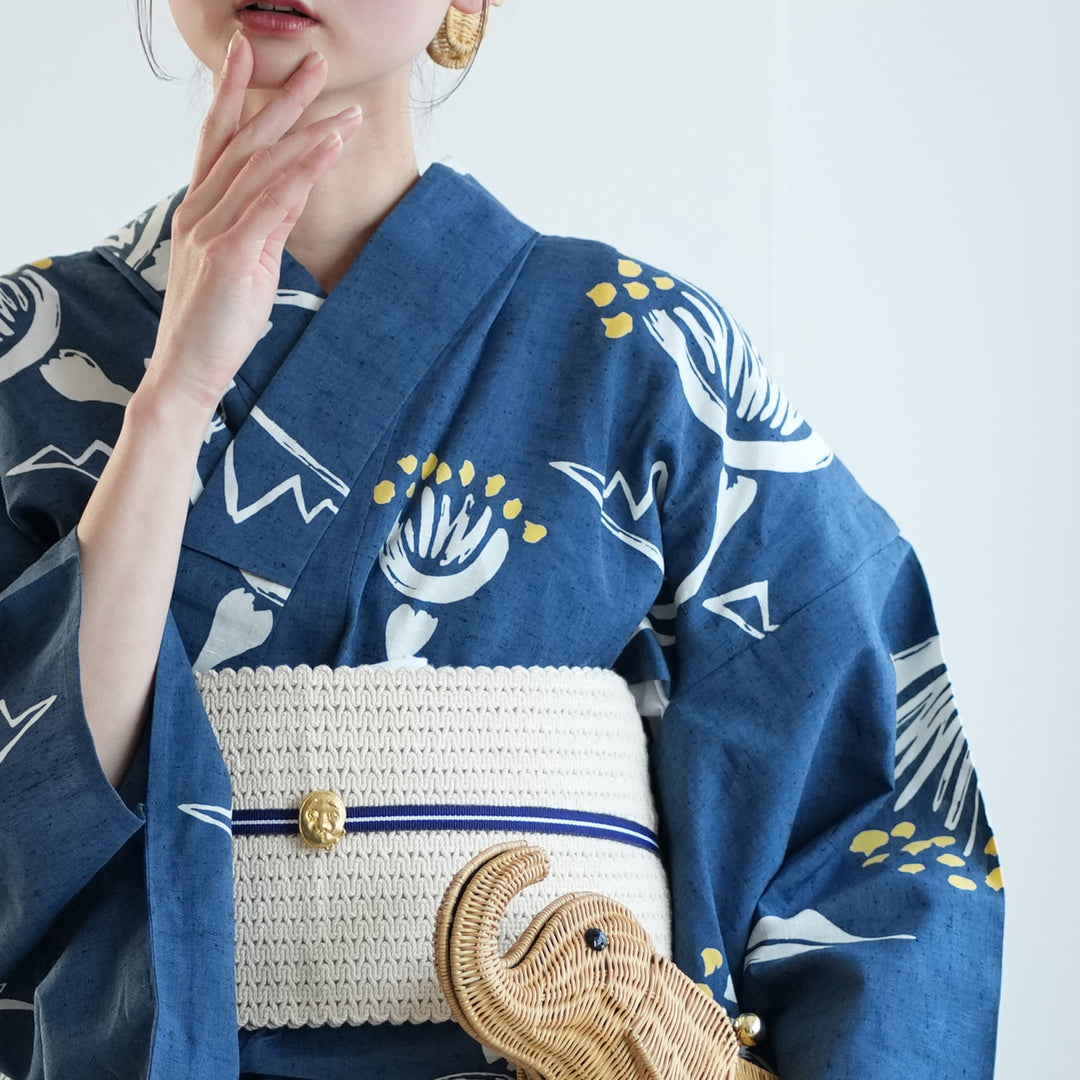 utatane×注染工房 浴衣3点セット（浴衣・帯・下駄） 赤坂紬 青藍に黄色