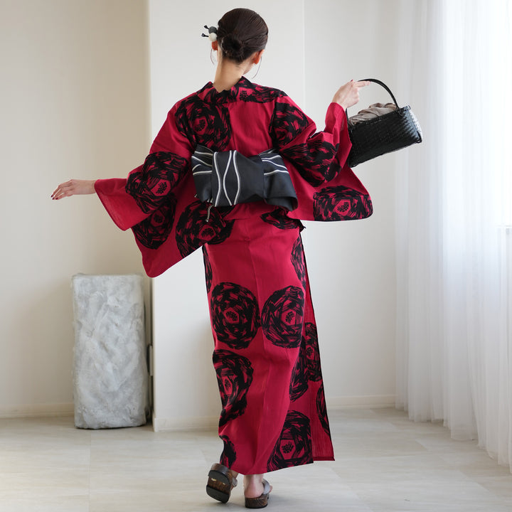 utatane×注染工房 浴衣3点セット（浴衣・帯・下駄） 赤に漆黒 緋輪