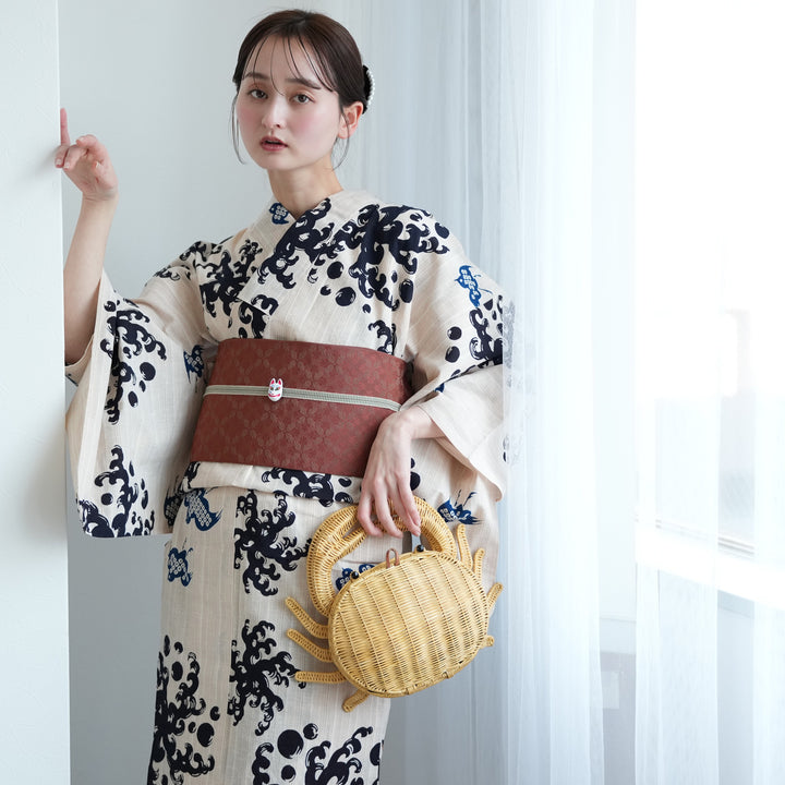 正規品　ベージュ系　浴衣・帯セット　UTATANE 新品未使用 utatane×注染工房 浴衣3点セット（浴衣・帯・下駄） 先染めベージュ 夜