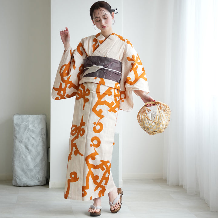 utatane×注染工房 浴衣3点セット（浴衣・帯・下駄）先染めベージュ 陽