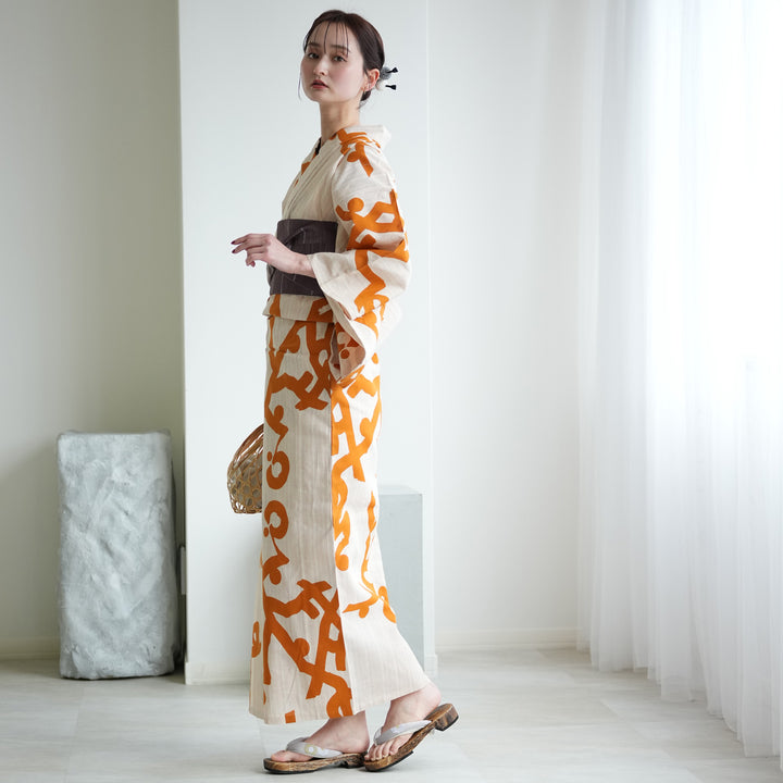 utatane×注染工房 浴衣3点セット（浴衣・帯・下駄）先染めベージュ 陽