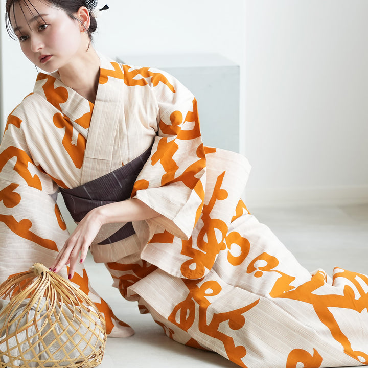 utatane×注染工房 浴衣3点セット（浴衣・帯・下駄）先染めベージュ 陽
