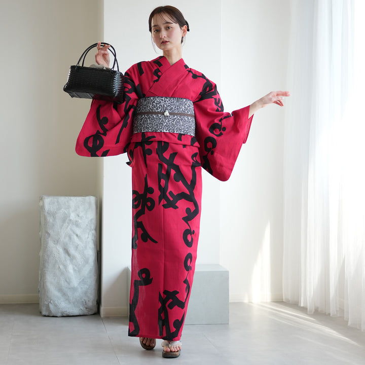 utatane×注染工房 浴衣3点セット（浴衣・帯・下駄） 赤の墨躍