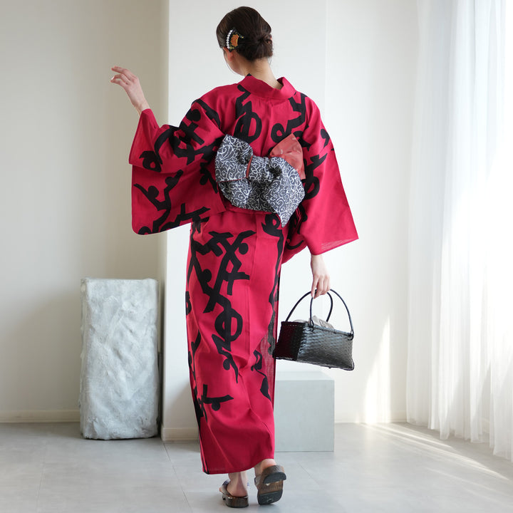 utatane×注染工房 浴衣3点セット（浴衣・帯・下駄） 赤の墨躍