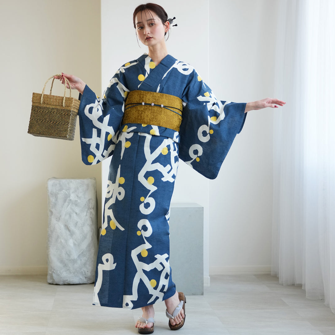 utatane×注染工房 浴衣3点セット（浴衣・帯・下駄）赤坂紬 紺青に星の