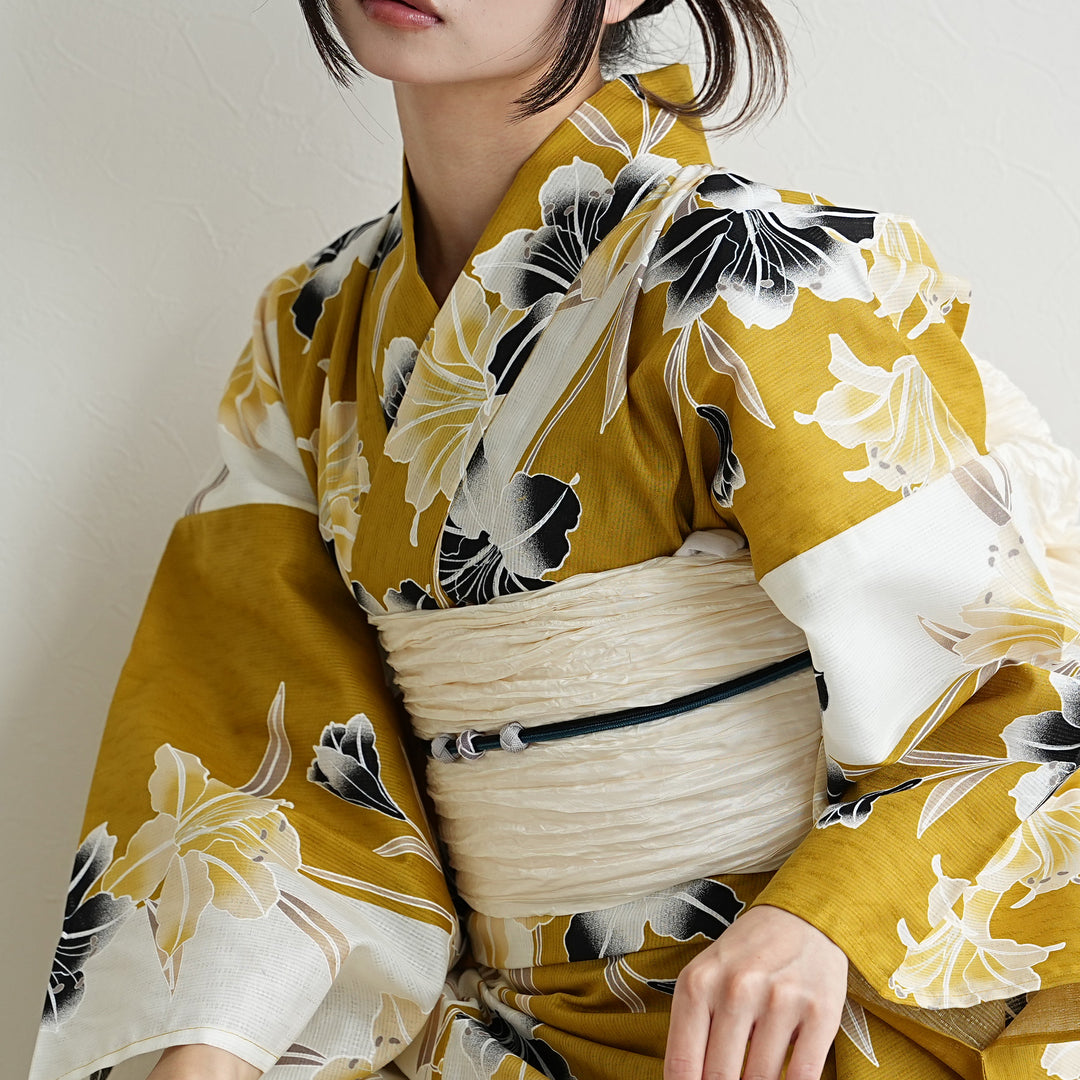 utatane 高級変わり織 浴衣3点セット（浴衣・帯・下駄）からしの