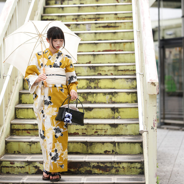 utatane 高級変わり織 浴衣3点セット（浴衣・帯・下駄）からしの