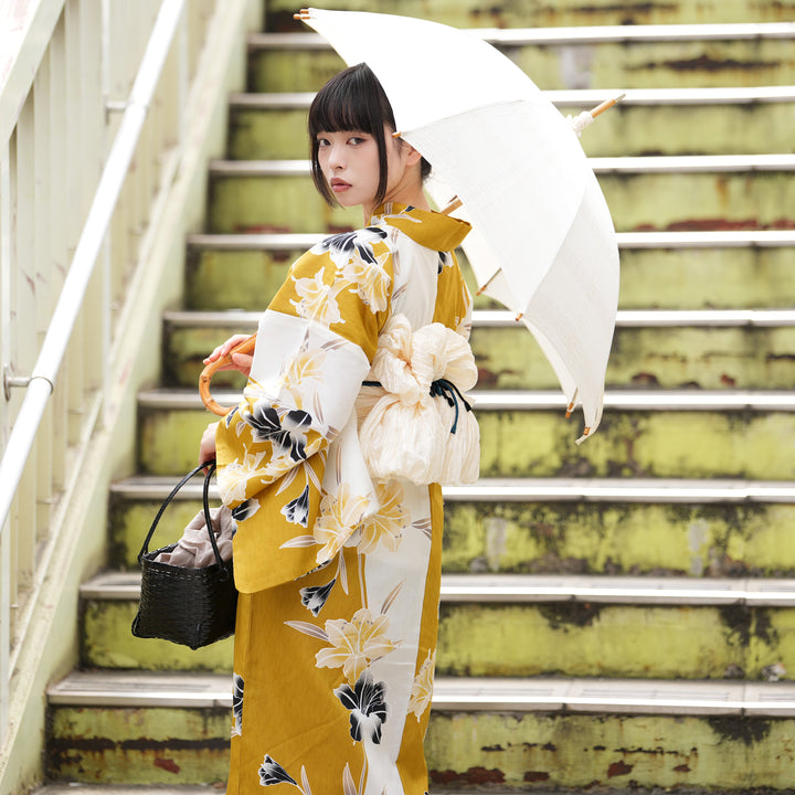 utatane 高級変わり織 浴衣3点セット（浴衣・帯・下駄）からしの
