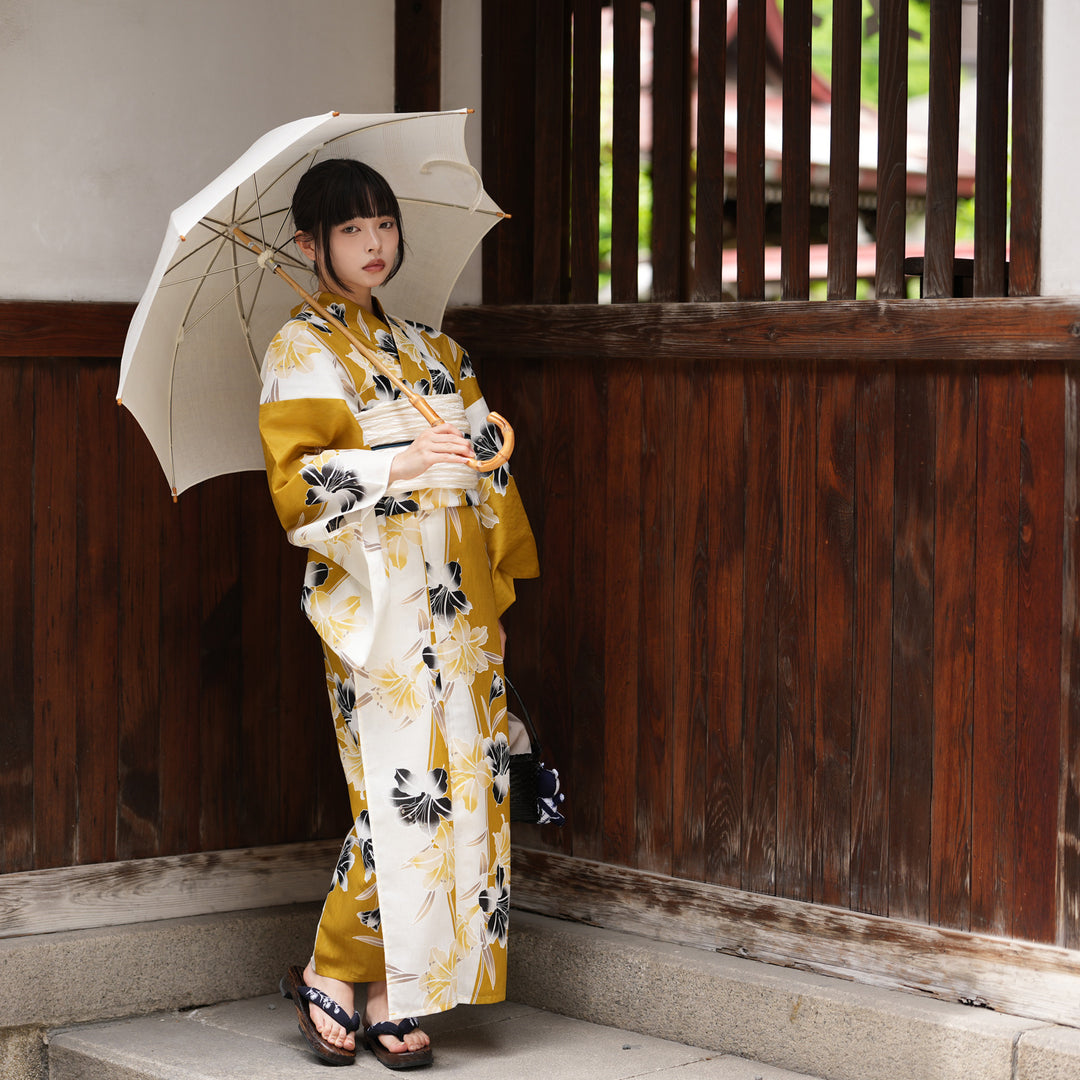 utatane 高級変わり織 浴衣3点セット（浴衣・帯・下駄）からしの
