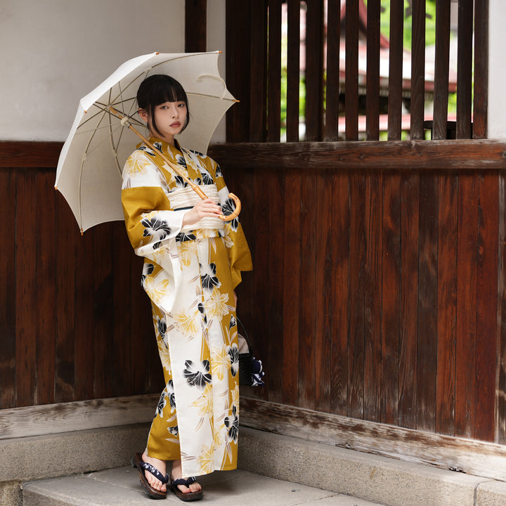 utatane 高級変わり織 浴衣3点セット（浴衣・帯・下駄）からしの