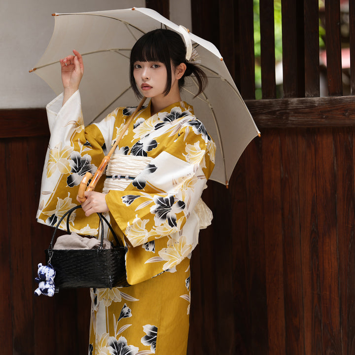 utatane 高級変わり織 浴衣3点セット（浴衣・帯・下駄）からしの