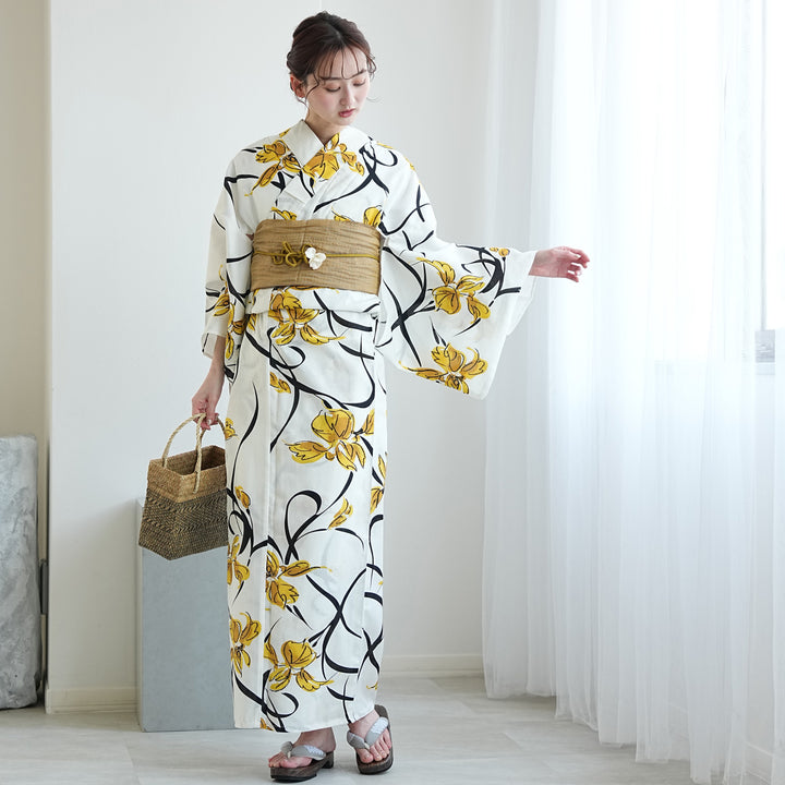 utatane 高級変わり織 浴衣3点セット（浴衣・帯・下駄）白地にモダンな