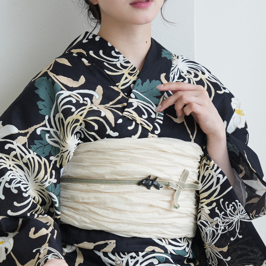 高級変わり織 浴衣3点セット（浴衣・帯・下駄）濃紺地に照る糸菊と百合