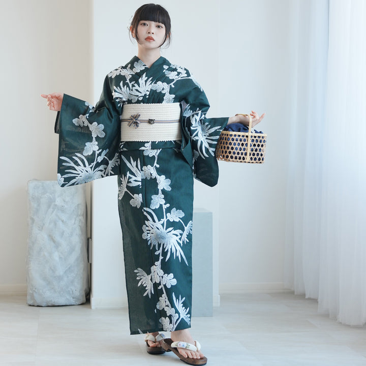 高級変わり織 浴衣3点セット（浴衣・帯・下駄）錆緑に伸びる菊】S