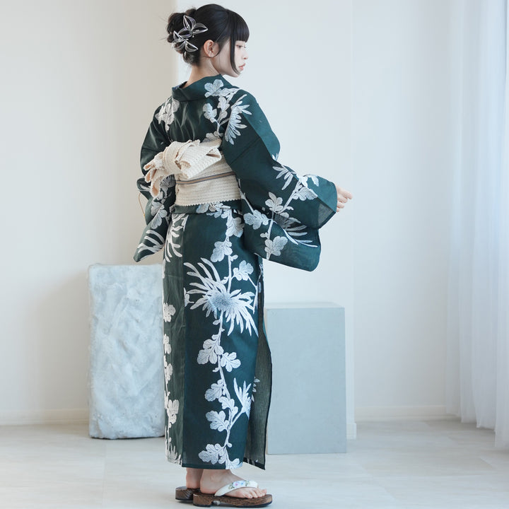 高級変わり織 浴衣3点セット（浴衣・帯・下駄）錆緑に伸びる菊】S