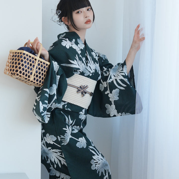 高級変わり織 浴衣3点セット（浴衣・帯・下駄）錆緑に伸びる菊】S