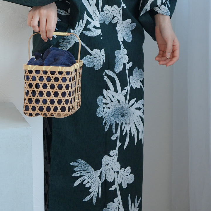 高級変わり織 浴衣3点セット（浴衣・帯・下駄）錆緑に伸びる菊】S