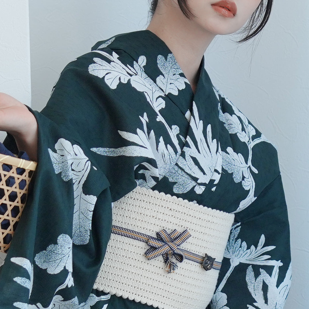 高級変わり織 浴衣3点セット（浴衣・帯・下駄）錆緑に伸びる菊】S