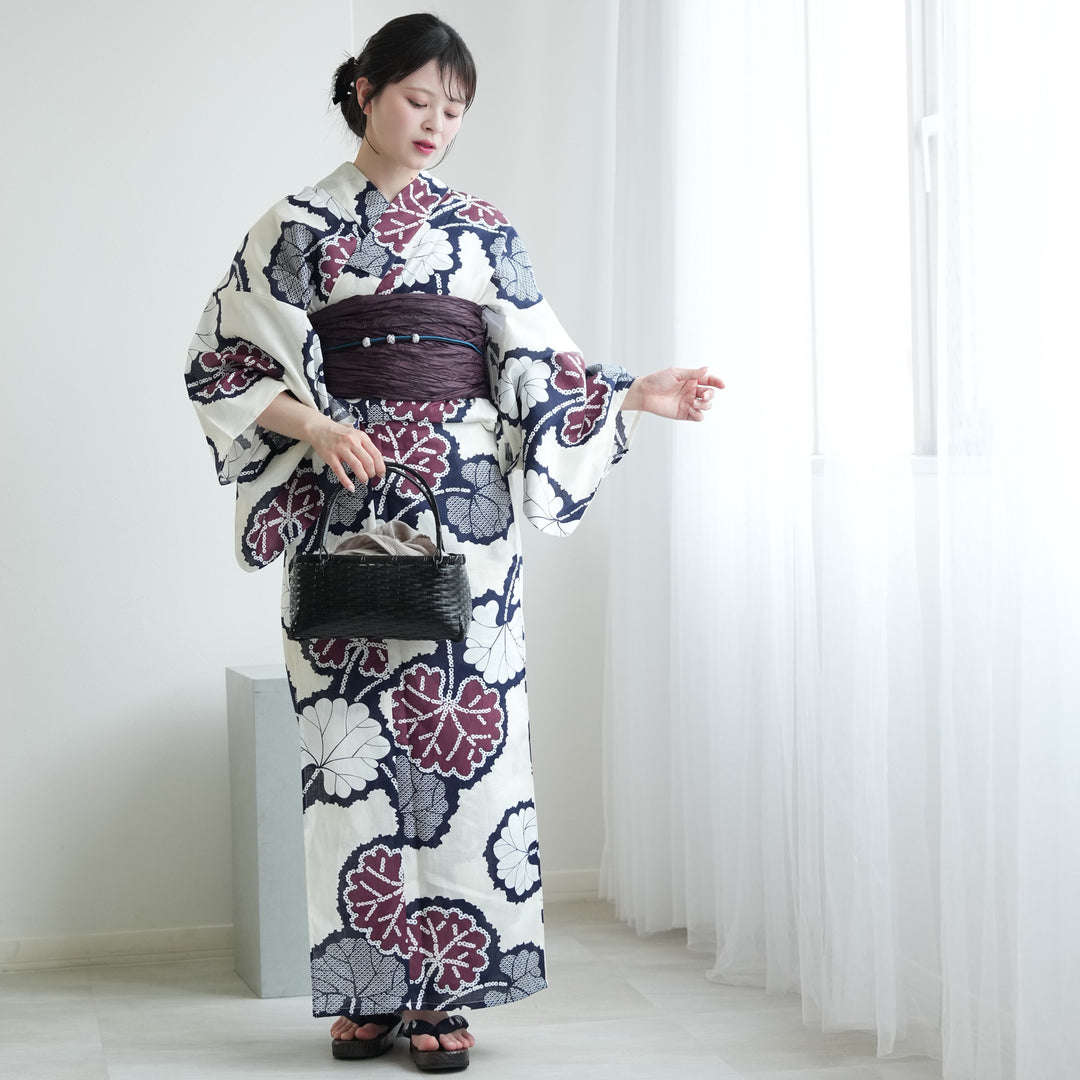 高級変わり織 浴衣3点セット（浴衣・帯・下駄）紫のつらなり疋田