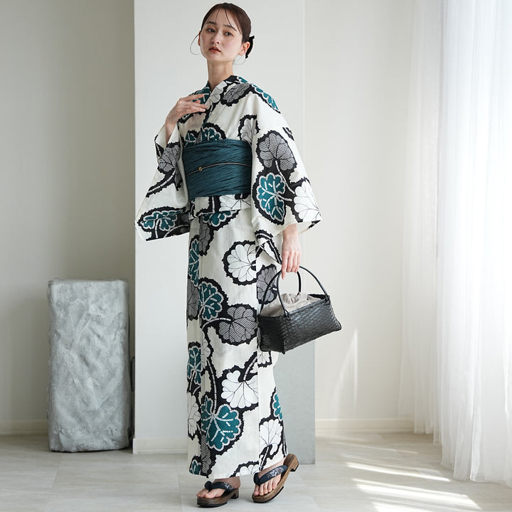 utatane 高級変わり織 浴衣3点セット（浴衣・帯・下駄）ターコイズの