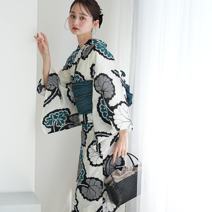ターコイズ　浴衣　エキゾチック変わり織り utatane 高級変わり織 浴衣3点セット（浴衣・帯・下駄）ターコイズの