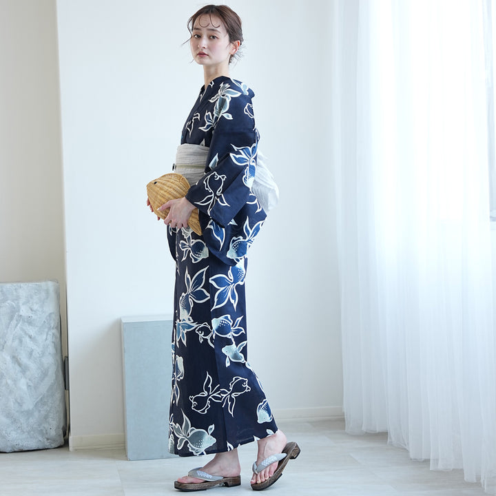 utatane 高級変わり織 浴衣3点セット（浴衣・帯・下駄）紺地に青の