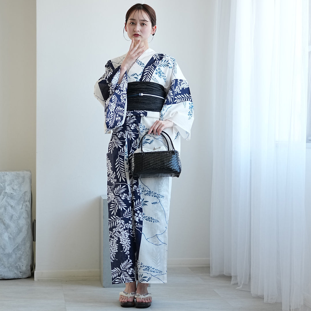 utatane 高級変わり織 浴衣3点セット（浴衣・帯・下駄）紺の染め分け