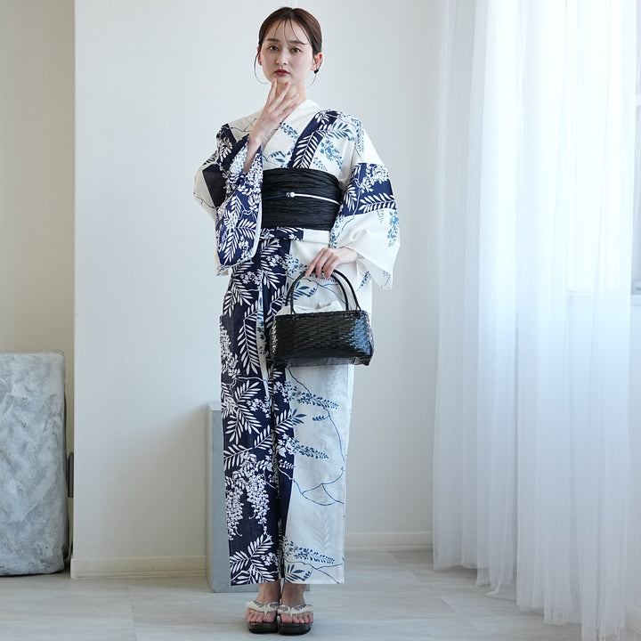 utatane 高級変わり織 浴衣3点セット（浴衣・帯・下駄）紺の染め分け