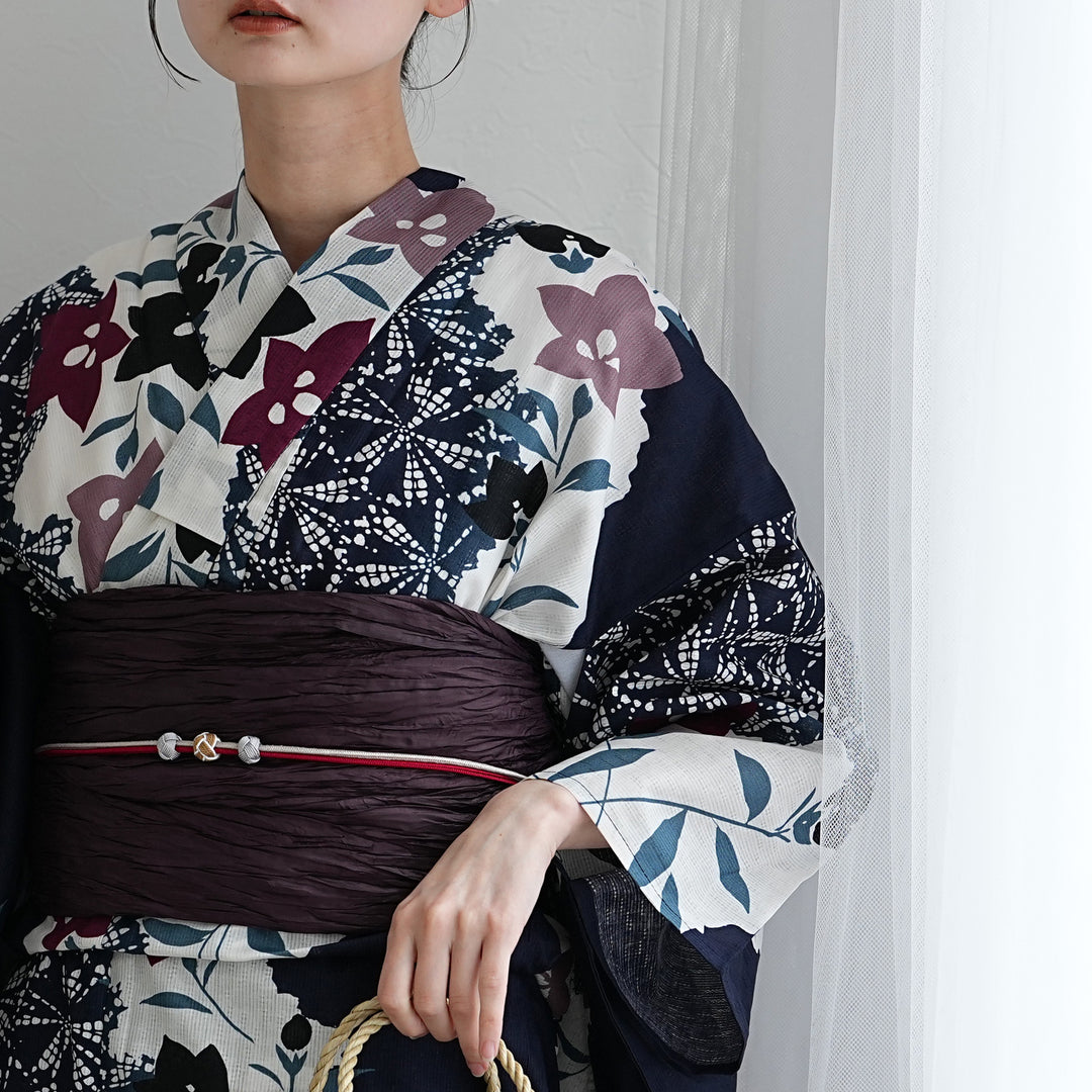 utatane 高級変わり織 浴衣3点セット（浴衣・帯・下駄）紺に疋田と桔梗