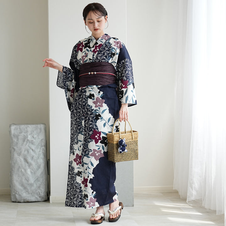 utatane 高級変わり織 浴衣3点セット（浴衣・帯・下駄）紺に疋田と桔梗