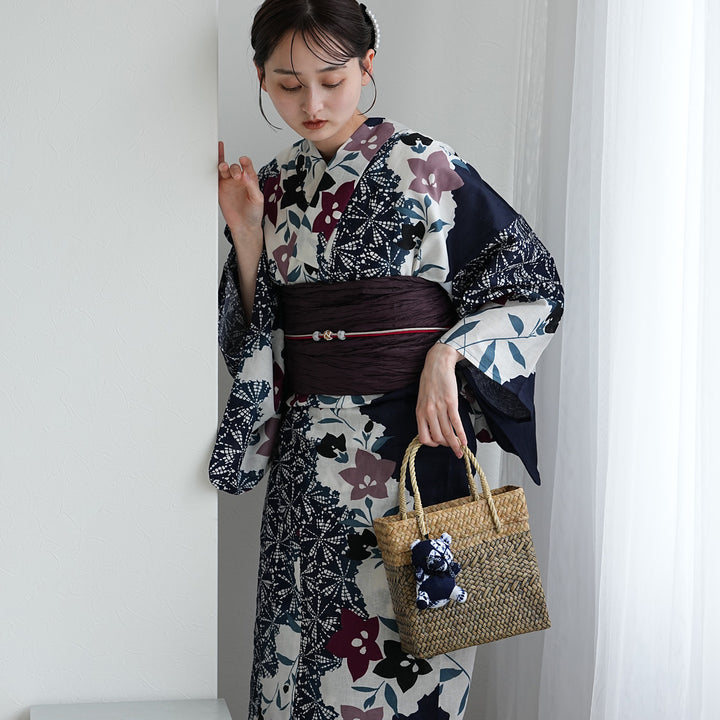 utatane 高級変わり織 浴衣3点セット（浴衣・帯・下駄）紺に疋田と桔梗