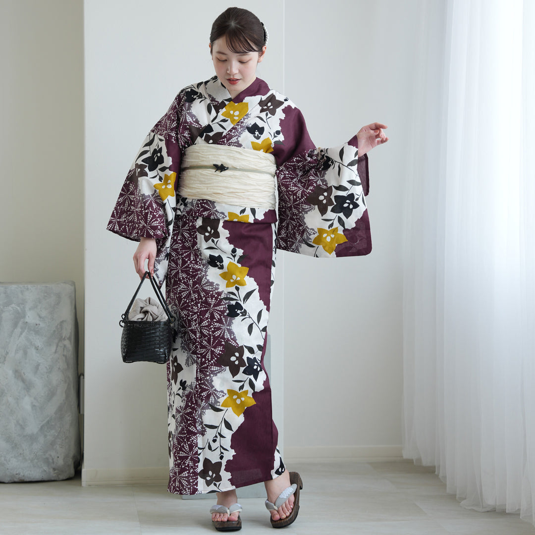 utatane 高級変わり織 浴衣3点セット（浴衣・帯・下駄）紫に疋田と桔梗