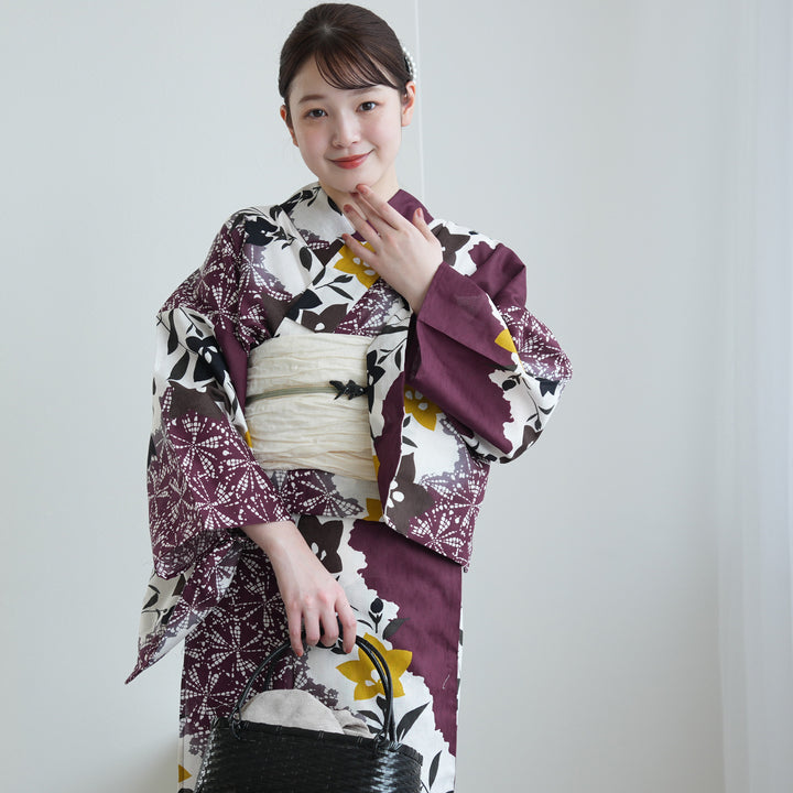 【未使用】utatane_国内染色 二部式浴衣_ 鈍青と緑の砂よろけ×桔梗 utatane 高級変わり織 浴衣3点セット（浴衣・帯・下駄）紫に疋田と桔梗