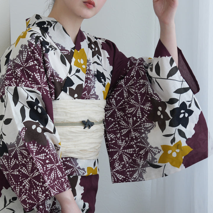 utatane 高級変わり織 浴衣3点セット（浴衣・帯・下駄）紫に疋田と桔梗