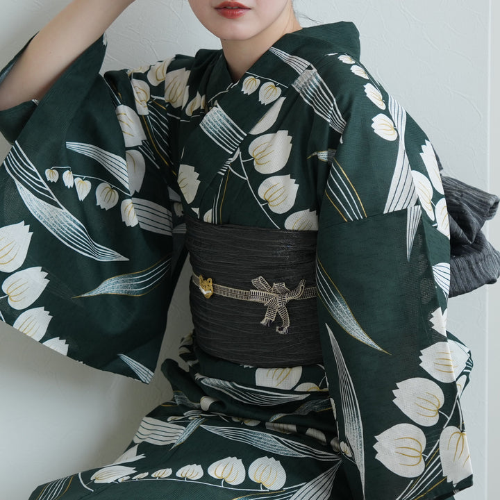 utatane 高級変わり織 浴衣3点セット（浴衣・帯・下駄）錆緑に金線