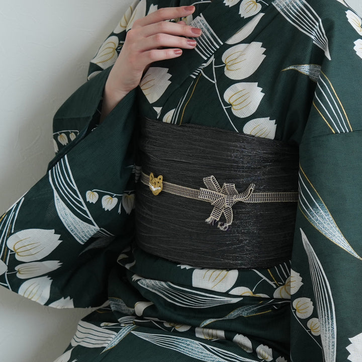 utatane 高級変わり織 浴衣3点セット（浴衣・帯・下駄）錆緑に金線