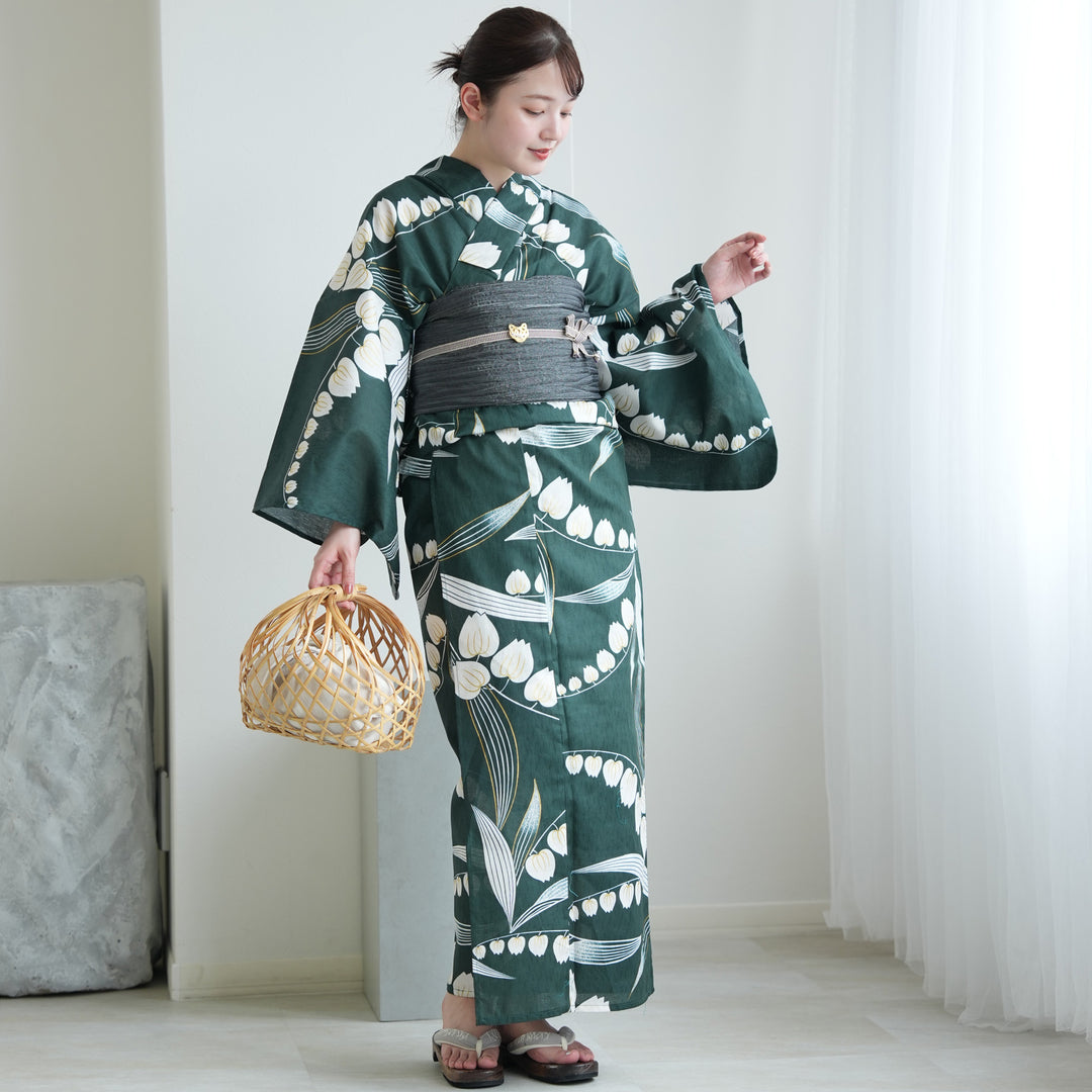 utatane 高級変わり織 浴衣3点セット（浴衣・帯・下駄）錆緑に金線