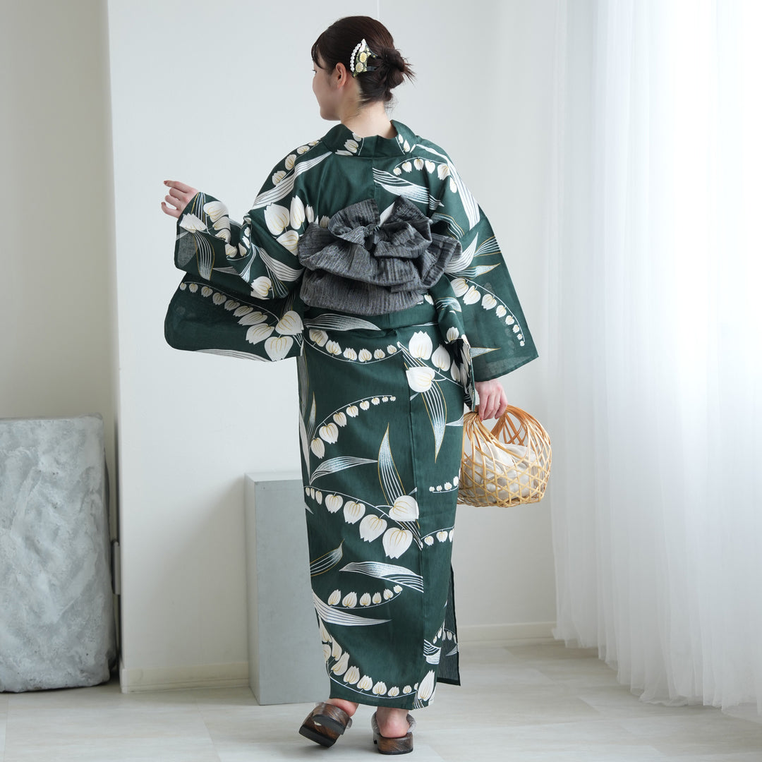 utatane 高級変わり織 浴衣3点セット（浴衣・帯・下駄）錆緑に金線