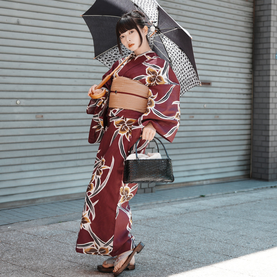 utatane 高級変わり織 浴衣3点セット（浴衣・帯・下駄）紫に伸びやかな