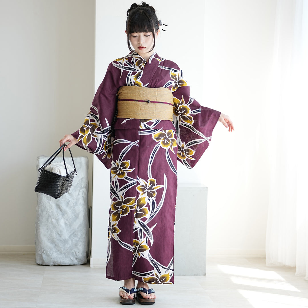 utatane 高級変わり織 浴衣3点セット（浴衣・帯・下駄）紫に伸びやかな
