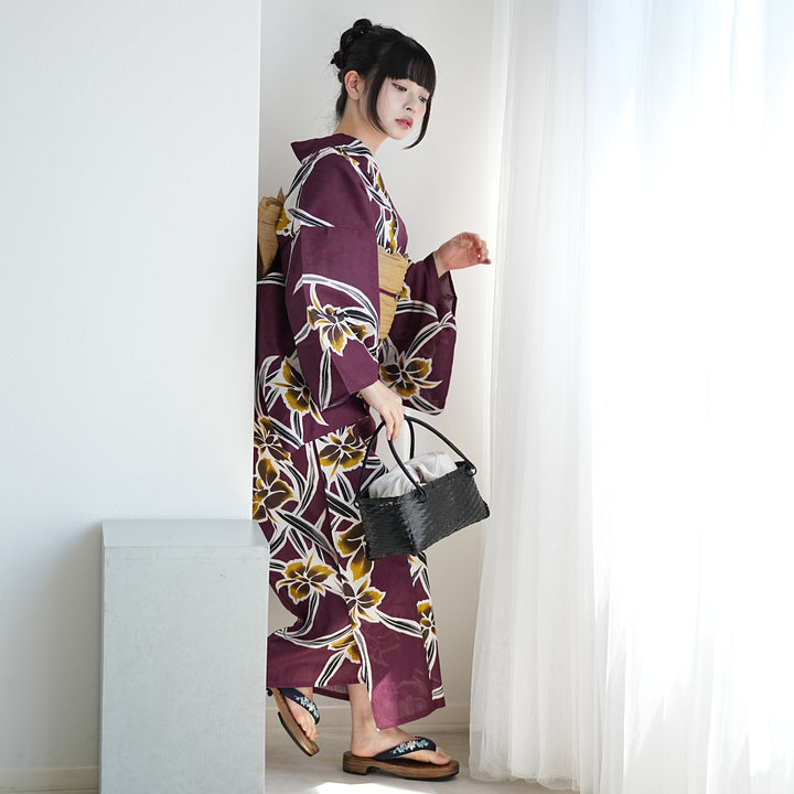 utatane 高級変わり織 浴衣3点セット（浴衣・帯・下駄）紫に伸びやかな