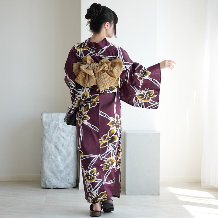 utatane 高級変わり織 浴衣3点セット（浴衣・帯・下駄）紫に伸びやかな