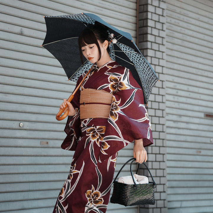 utatane 高級変わり織 浴衣3点セット（浴衣・帯・下駄）紫に伸びやかな